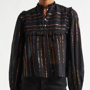 Farm Rio Black Metallic Ruffle Shirt | Size XXS | LIKE NEW